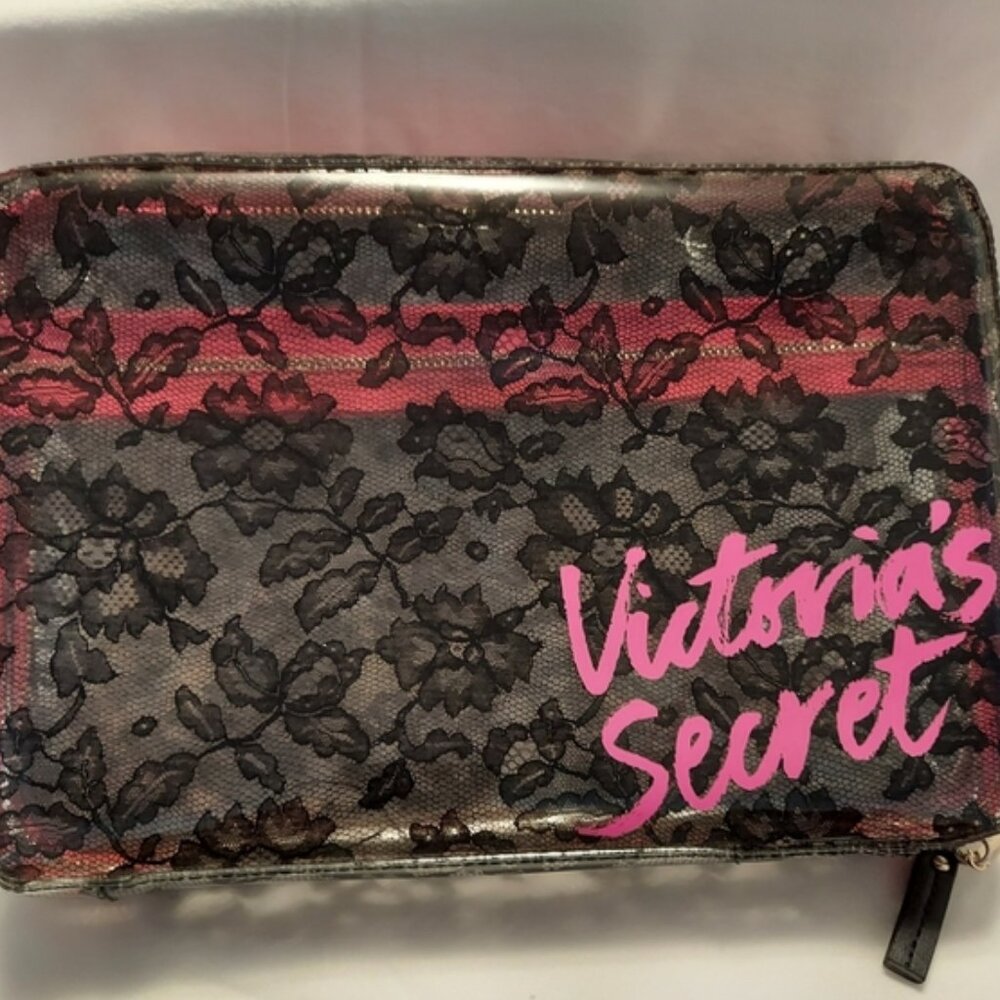 VICTORIA'S SECRET Chic! Rare 💗 Clear Vinyl Black Lace & Hot Pink Makeup Case